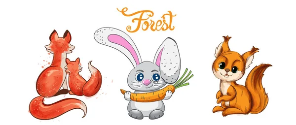 Caricature renard et lapin souriant à la carotte — Image vectorielle