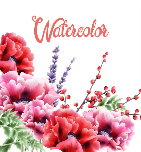 Πολύχρωμα υδατογραφίες παιώνιες λουλούδια ευχετήρια κάρτα — Διανυσματικό Αρχείο