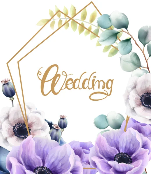 水彩画の花と葉の結婚式のグリーティングカード — ストックベクタ