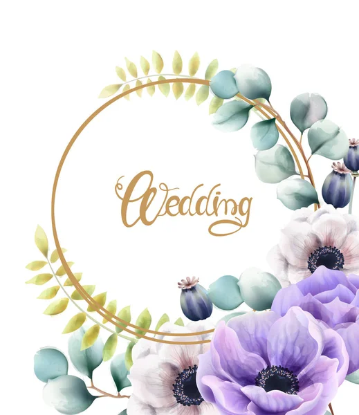 Suluboya çiçekler ve yaprakları düğün tebrik kartı — Stok Vektör