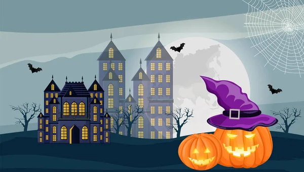 Bosque de Halloween con castillo, calabazas y luna llena — Archivo Imágenes Vectoriales