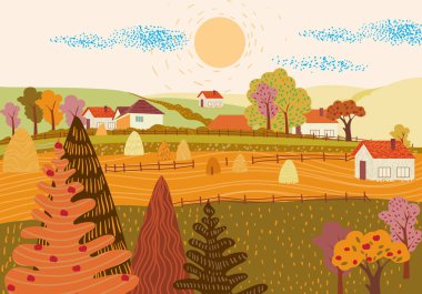 Renkli sahne ile Karikatür düz köy