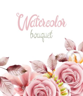 Suluboya çiçek ve yaprak buketi