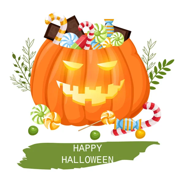 Happy halloween pumpkin full of candy — Stock Vector