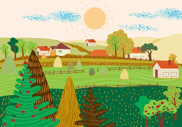 Dessin animé village plat avec des paysages colorés — Image vectorielle