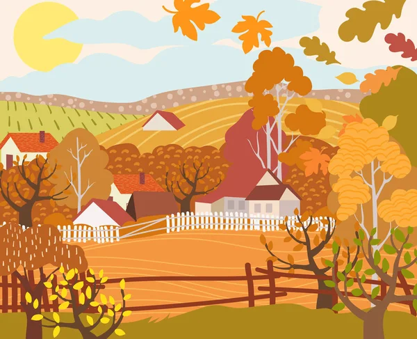 Pueblo plano de dibujos animados con paisajes coloridos — Vector de stock