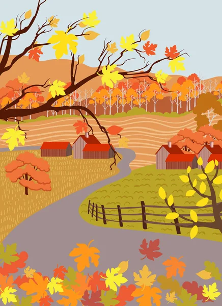 Cartoon platte platteland dorp in de herfst seizoen — Stockvector