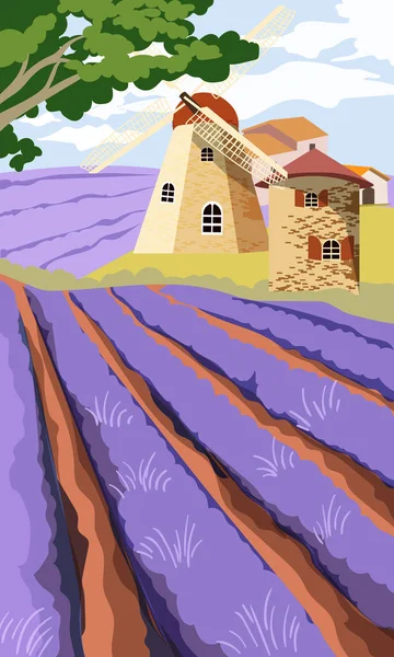 Campo de lavanda con molino viejo y árbol verde — Archivo Imágenes Vectoriales