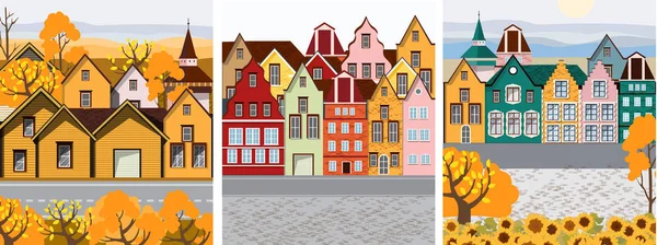 Pakiet Starego Retro miasta z kolorowymi budynkami — Wektor stockowy