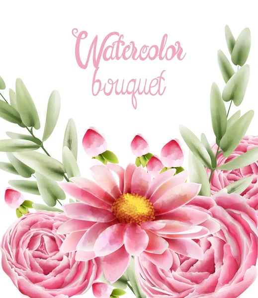 Buquê de aquarela de flores de margarida rosa com folhas — Vetor de Stock