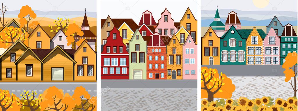 Pack of Old retro town with colorful buildings