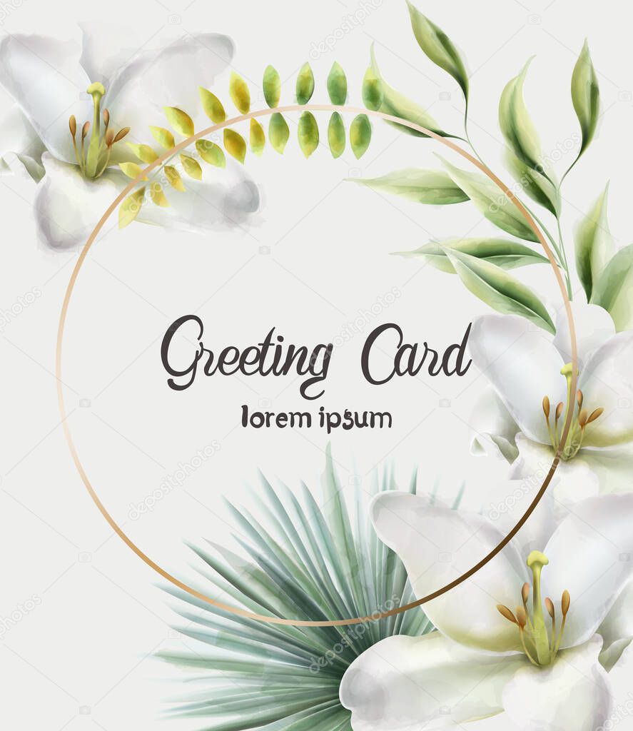 Golden wreath greeting card with green leaves