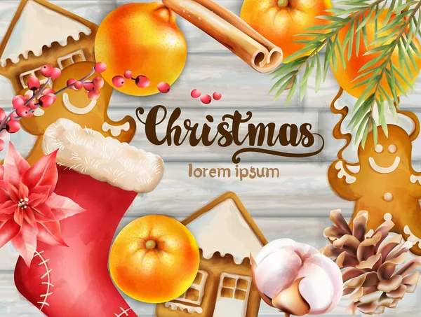 Cartão de felicitações de Natal com ornamentos — Vetor de Stock