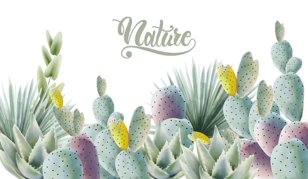 Cactus verde acuarela y hojas de palma vectores de fondo — Vector de stock