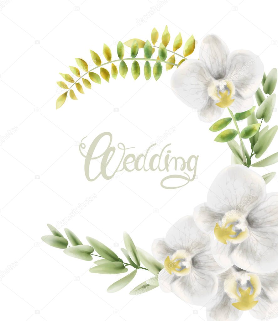 Watercolor white orchid flowers wreath bouquet background vector. Wedding gretting cards