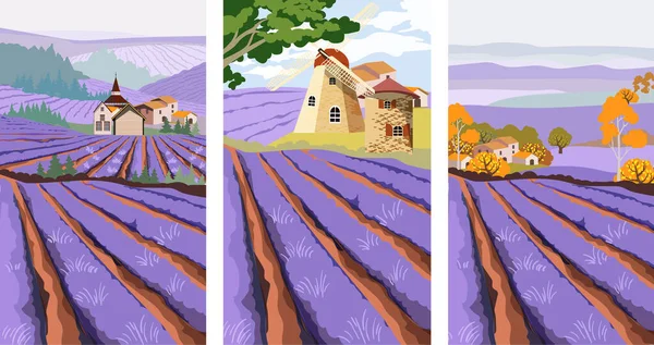 Pack of lavender field with mill, village and green tree — Stock Vector