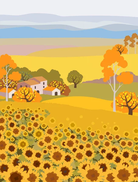 Finca rural con cultivo de girasol. Casas de pueblo en el fondo. Cielo amarillo atardecer. Temporada de otoño. Vectores planos de dibujos animados — Archivo Imágenes Vectoriales