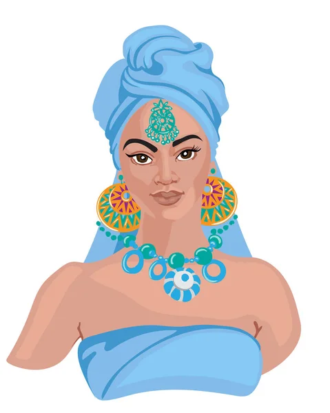 Portrait de femme élégante portant des ornements indiens. Porter du hijab bleu, des boucles d'oreilles ornementées, un collier et des bijoux sur le front — Image vectorielle