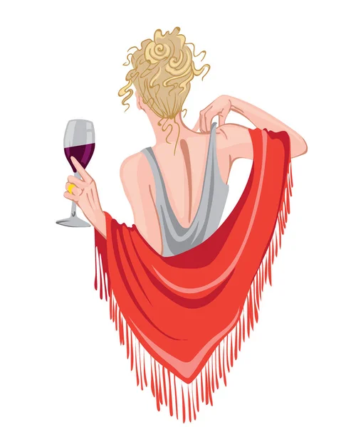 Femme élégante avec un verre de vin dans les mains agitant avec une écharpe rouge. Vue de derrière. Cheveux blonds bouclés — Image vectorielle