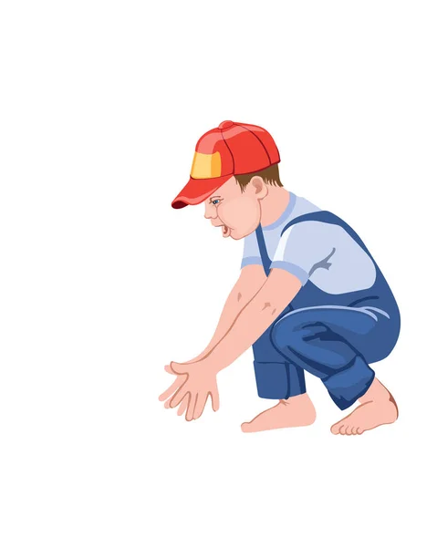 Glücklicher kleiner Junge, der in die Hände klatscht, während er hockt. Das Spiel mit etwas. Rote Kappe und blauer Overall — Stockvektor