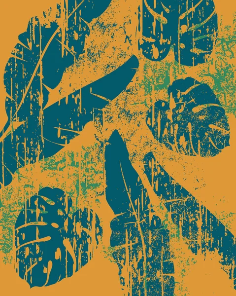 Patrón de hojas de palma sobre fondo amarillo. Diseño grunge — Archivo Imágenes Vectoriales