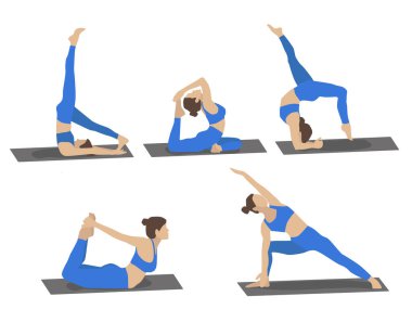 Mavi spor kıyafetlerle yoga yapan bir grup genç kadın. Çizgi film