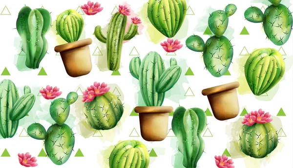 Patrón de cactus con triángulos verdes en el fondo. Cactus con flores — Vector de stock