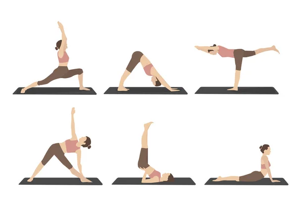 Set de femei care efectuează yoga pozează în haine de sport maro. Desene animate — Vector de stoc