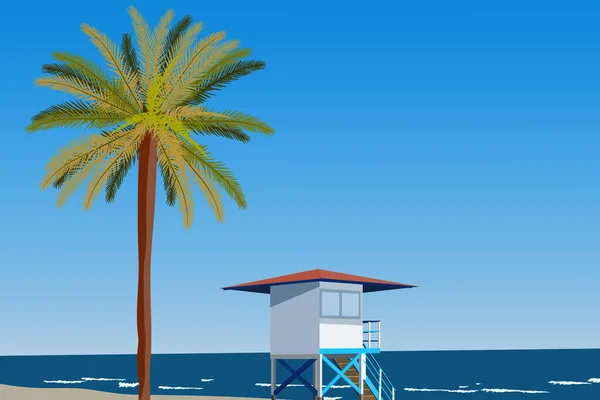 Peisage de beira-mar com palmas e cabana salva-vidas. Céu azul claro — Vetor de Stock