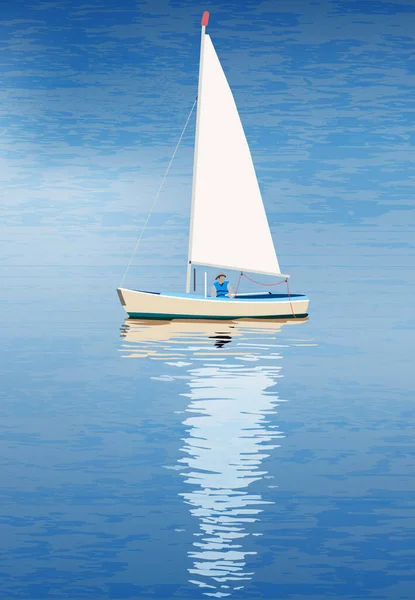 Самотній моряк у своєму човні на блакитному морі з відображенням на воді — стоковий вектор