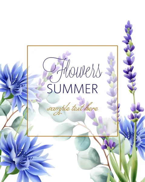 Ευχετήρια κάρτα με θέση για κείμενο. Μπλε άνθη καλαμποκιού, κλαδί και λεβάντα — Διανυσματικό Αρχείο