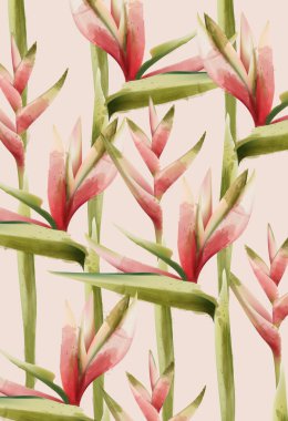 Cennet kuşu çiçek desenli. Yeşil ve kırmızı palet. Suluboya