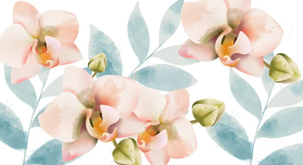 Orchideenstrauß Hintergrund. Aquarell. Frühlingsblumen. Vintage-Hochzeitskarte — Stockvektor