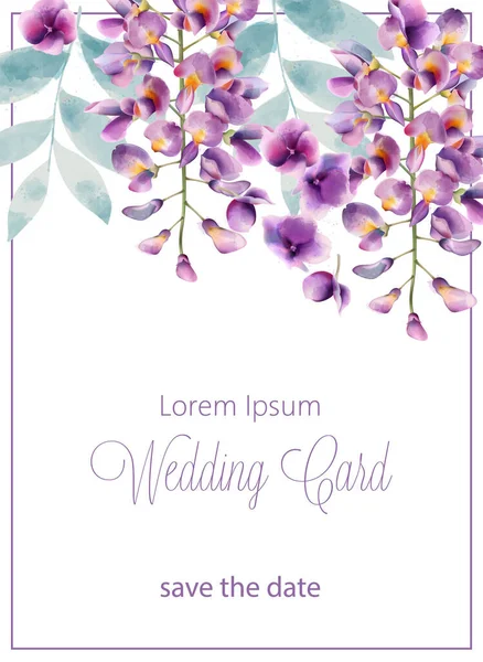 Κάρτα γάμου με λιλά λουλούδια και φύλλα. Θέση για κείμενο. Υδατογραφία — Διανυσματικό Αρχείο