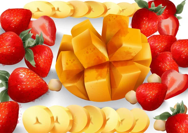 Mango e Vettore di fragole. Piatto di frutta esotica tropicale. fresche composizioni succose — Vettoriale Stock
