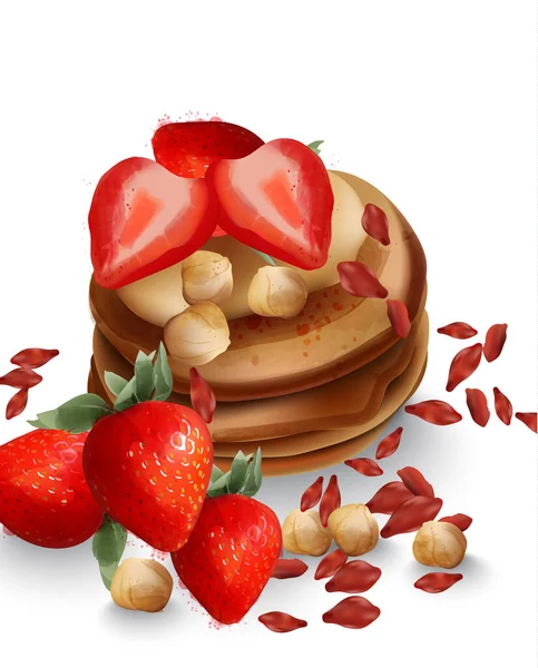 Buckwheat pancakes with strawberry fruits and nuts Vector. Tasty healthy breakfasts — Stock Vector