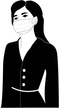 Beyaz arka planda cerrahi maske takan güzel bir kız. Çizgi film