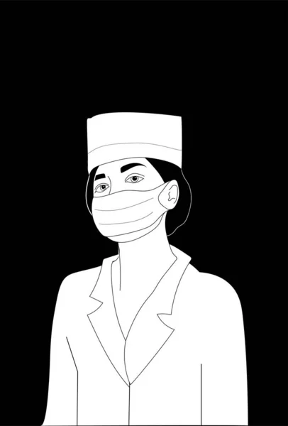 Enfermeira vestida de branco posando na frente de um fundo preto.Desenhos animados —  Vetores de Stock