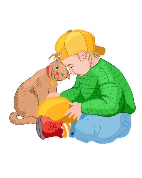 Little boy in yellow cap playing with a cat. Colorful clothes. Pet friend idea — Stock Vector