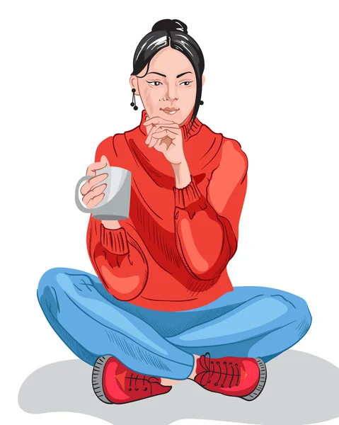 Chica joven reflexiva en suéter rojo colorido y pantalones azules beber de una taza — Archivo Imágenes Vectoriales