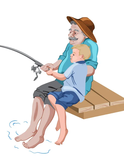 Old grandfather fishing with his grandson while sitting on wood pier — Stock Vector