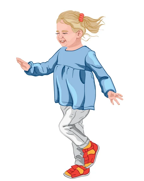 Mała szczęśliwa dziewczynka w niebieskiej bluzce, białe dżinsy i kolorowe buty. Blond włosy z czerwoną gumką — Wektor stockowy
