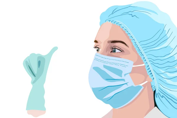 Γυναίκα γιατρός με χειρουργική μάσκα, καπέλο και γάντια που δείχνουν τους αντίχειρες επάνω — Διανυσματικό Αρχείο
