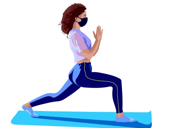 Brunette meisje gekleed in roze top, blauwe legging, witte sokken en chirurgische masker doen yoga op blauwe trainingsmat — Stockvector