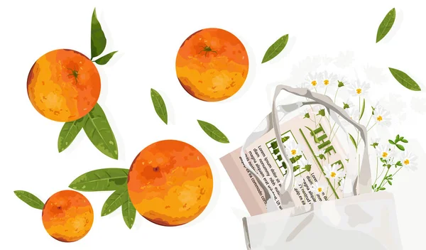 Owoce pomarańczy z liśćmi i torbą ekologiczną. Reklama produktów przyjaznych dla środowiska wielokrotnego użytku — Wektor stockowy