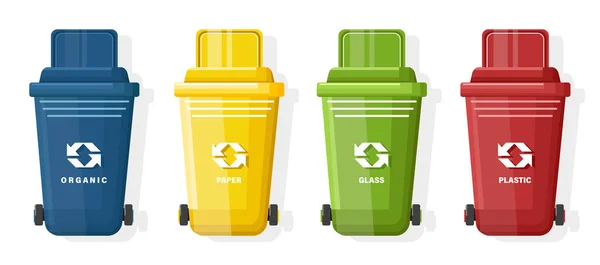 Set de bote de basura azul, amarillo, verde y rojo con tapa y signo de ecología — Vector de stock