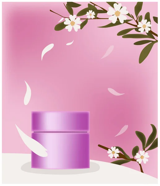 Vaso cosmetico rosa circondato da petali. Luogo per marca. Ramoscelli con decorazione floreale — Vettoriale Stock