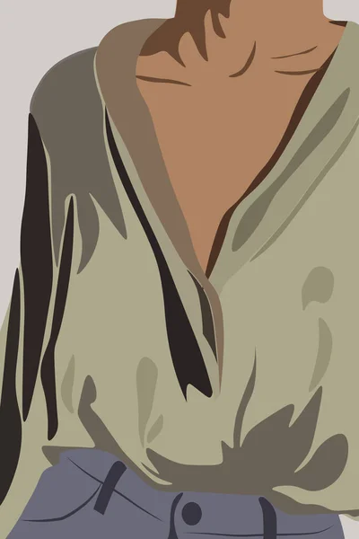 Mladá opálená žena v olivové košili a džínách. Detailní záběr trupu — Stockový vektor