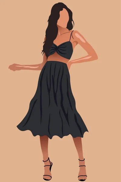 Glamorös brun kvinna med långt hår i svart kjol, topp och höga klackar — Stock vektor