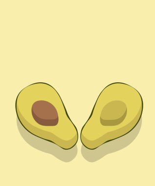 Avokado 'nun iki yarısının bileşimi, birinin içinde tohum var. Açık yeşil arkaplan